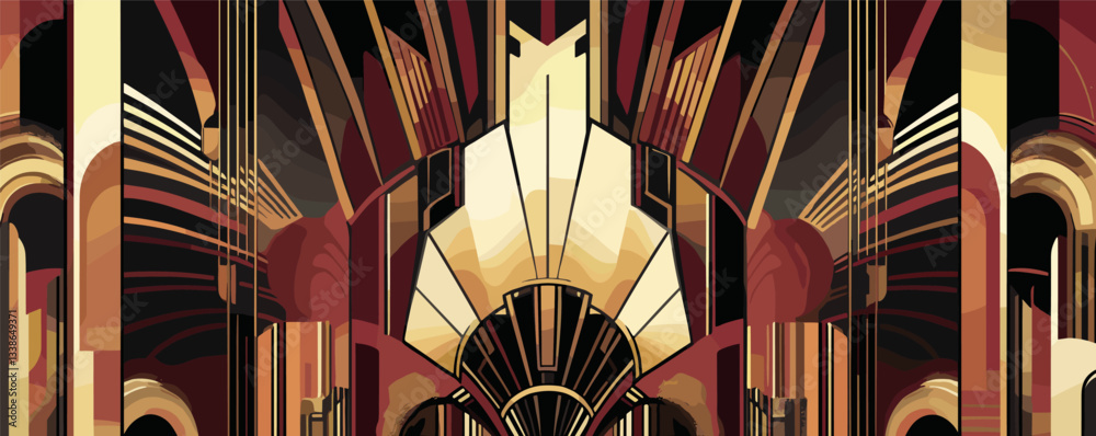Poster art deco style abstract architecture with geometric patterns and symmetrical design.