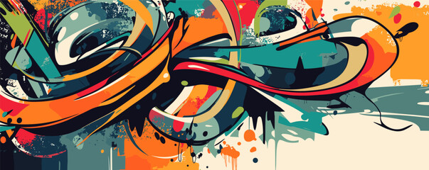 Vibrant abstract street art with dynamic shapes and bold colors.