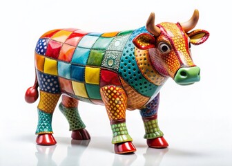 Fototapeta premium Whimsical Patchwork Cow Figurine Ceramic Art - Left-Positioned with Copy Space