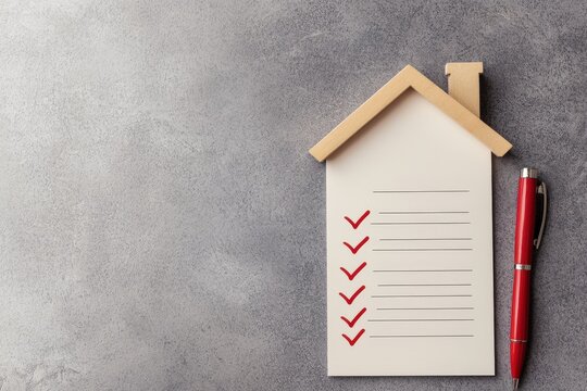 A checklist shaped like a house with check marks, accompanied by a red pen, set against a textured gray background, symbolizing planning and organization.