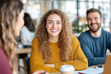 Fototapeta premium Smiling woman in cozy sweater enjoying conversation