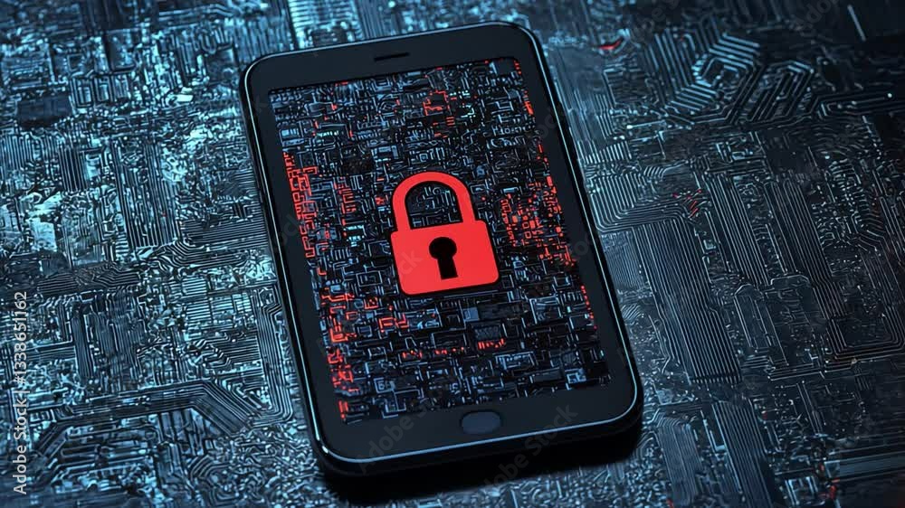 Poster smartphone displaying red lock icon on circuit board background representing cybersecurity and data 