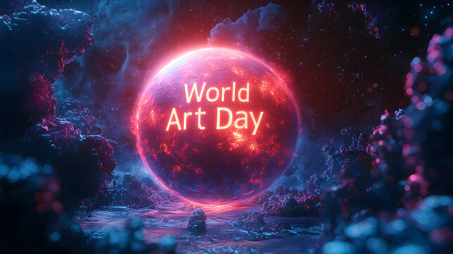 A radiant "World Art Day" text spinning around a fantasy-style glowing planet, surrounded by unique artistic elements