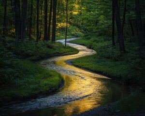 Fototapeta premium Serene Curving River Through Lush Green Forest at Sunset Glow