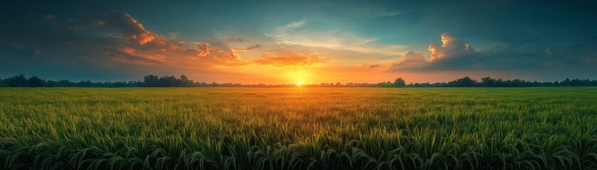 Fototapeta premium a breathtaking view of the sunset over a golden field with green grass, sky full of bright colors