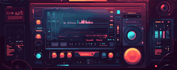 Retro futuristic audio console with glowing lights and graphical display in neon colors.