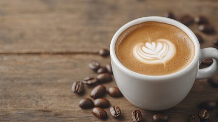 Obraz premium Creamy Coffee with Heart Latte Art Surrounded by Coffee Beans on Rustic Wooden Table
