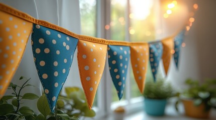 Festive polka dot banner hanging by a window
