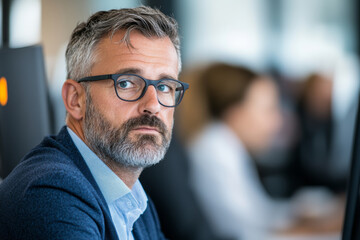 Fototapeta premium Focused man in office setting with glasses and beard