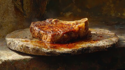 A beautifully cooked steak resting on a rustic stone surface, showcasing its juicy texture and rich caramelization.