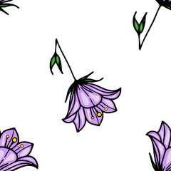 A vector seamless pattern featuring delicate purple bellbellflowers with green leaves on a white background. The bellbellflowers have a bell shape and are illustrated with fine lines and details.
