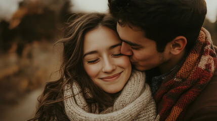 Man kisses his fiancée in a cozy embrace during a romantic autumn day in the park