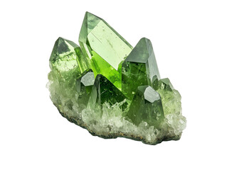Luminous green crystals shimmer, revealing nature's exquisite artistry in mineral formations. Isolated, transparent background, png.