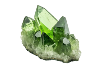 Luminous green crystals shimmer, revealing nature's exquisite artistry in mineral formations. Isolated, transparent background, png.