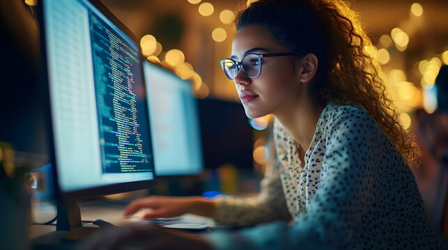 Female IT professional wearing glasses coding on computer at home in evening, program code on screen. Software development for virtual technologies. Side view, face in profile. Yellow highlights.