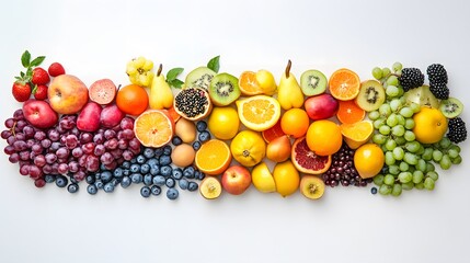 A spread of colorful and harmonious fruits forms a beautiful gradient like a rainbow, on a white background.