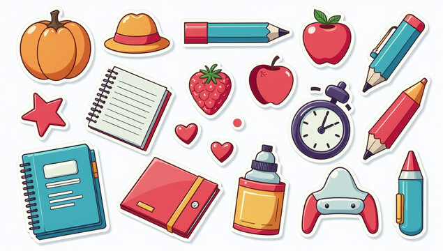 ool supplies accessories students various cartoon styles designs cute modern stickers illustrations back