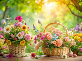 Whimsical Flower Baskets Overflowing in a Vibrant Garden Setting