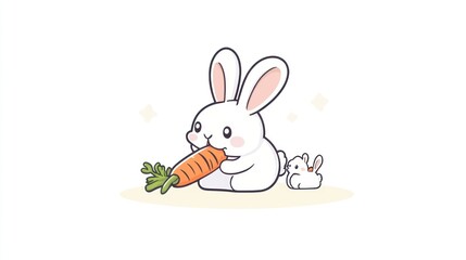 Fototapeta premium Cute Cartoon Rabbit Eating Carrot, with Baby Rabbit, Adorable, Stock Photo