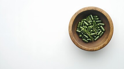 Green herbal capsules in wooden bowl on white background