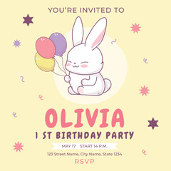 Cute kids birthday invitation with funny rabbit in kawaii style. Vector kids card