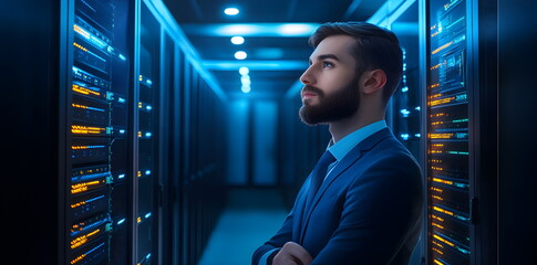 Male information specialist fiddling with wires and chips, yellow glowing lights and wiring. Virtual technology software development concept with IT specialist. Repairs computer systems.