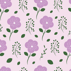 Seamless pattern with purple flowers and leaves. Vector spring flower composition