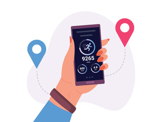 Pedometer app. Hand holding smartphone with step counter smart monitor, mobile phone fitness application health tracker steps exercise progress runner tracking vector illustration