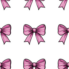 A vectors repeating pattern of pink bows on a white background, ideal for fabric or gift wrapping designs.