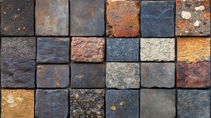 A multicolored stone wall texture of varied square blocks