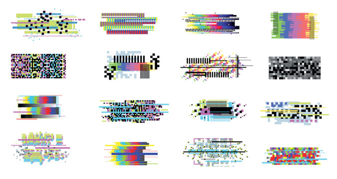 Tv glitch effect set. Screen noise digital artifacts, no signal data interference pixel decay texture glitched vhs video television error abstract bug, classy vector illustration