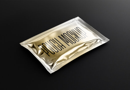 Foil Sachet Pouch Mockup &ndash; Metallic Packaging Bag on Dark Background for Premium Branding