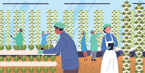 Vertical farm workers. Aeroponic towers hydroponic systems urban greenhouse agritech innovation technology strawberry growing, farming food industry classy vector illustration © ssstocker