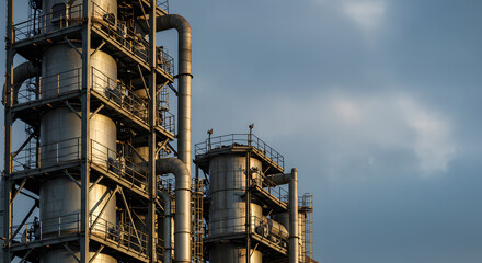 Fototapeta premium Industrial Refinery Towers at Sunset: Metallic Structures Against Cloudy Sky