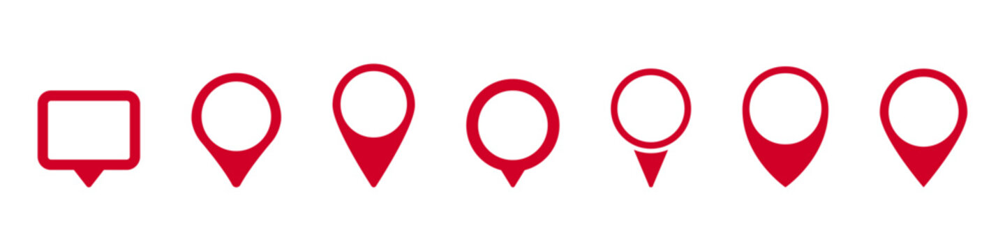 A set of red location markers with diverse shapes highlighting points of interest or destinations.