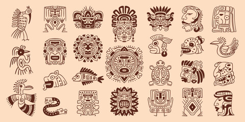 Mayan totem symbols. Maya civilization pattern, inca aztec tribal indigenous ornate ancient mexican or native american indian ethnic art symbol, tattoo swanky vector illustration
