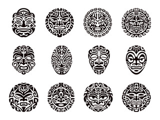 Maori mask. Polynesian tribal ritual masks pattern face tattoo, tiki mayan african peru aztec ethnic totem mythology traditional art symbol design set, swanky vector illustration