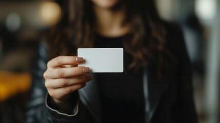 Woman presenting a blank business card in an office setting during daytime