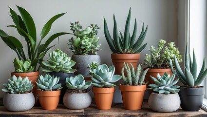 Obraz premium Diverse collection of potted succulent plants in terracotta and gray pots arranged on a wooden shelf against a light wall background.