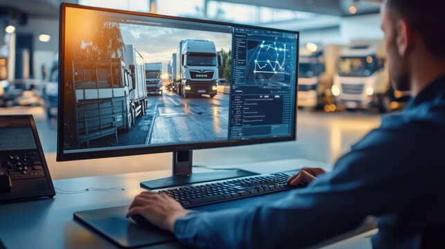 A person using fleet management software on a computer screen in an office.