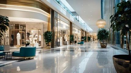 A Luxurious Shopping Arcade Showcasing Elegant Boutiques And Pristine Displays, Bathed In Soft Light And Reflecting In Polished Floors