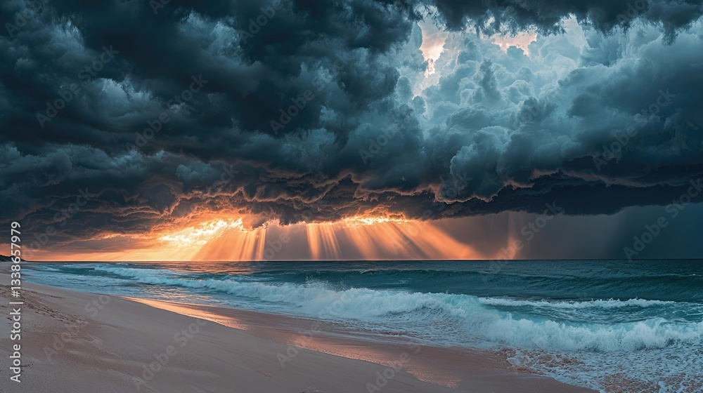 Poster sunset over ocean landscapes idea. dramatic ocean view with stormy clouds and rays of sunlight illum