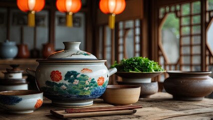 Traditional Korean ceramic pot on rustic wooden table surrounded by assorted bowls and fresh greens, illuminated by warm red lanterns in background.