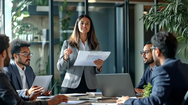 A diverse group of skilled professionals is in a business meeting discussing strategies and solutions. A woman confidently presents data to her team, fostering collaboration and progress