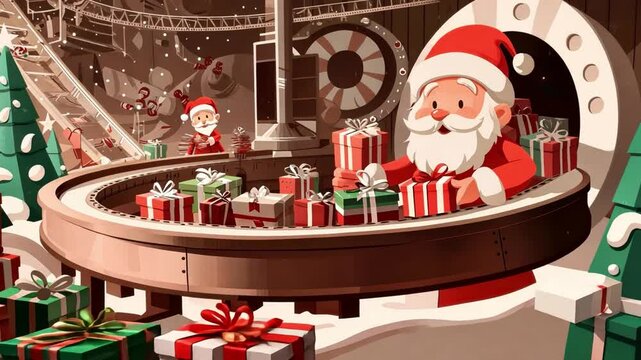 Santa Claus working in a festive workshop surrounded by colorful gifts, snow-covered trees, little helpers, and a cheerful holiday atmosphere