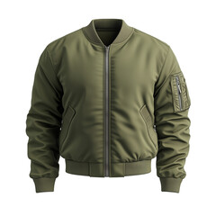 Naklejka premium Olive Green Bomber Jacket: A classic style, perfect for layering. Versatile and fashionable, it adds a touch of coolness to any outfit. Isolated, transparent background, png.