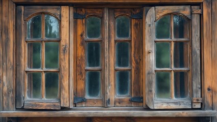 Rustic wooden window with four panes and two open shutters showcasing rich brown textures against a blurred green background for a vintage feel