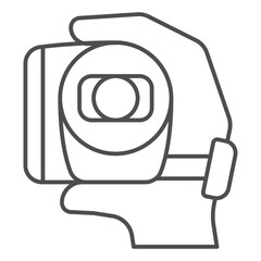 Obraz premium Hand holding video camera thin line icon, video recording concept. Vector graphics. Camera in hand sign on white background, outline style icon for mobile or web design.