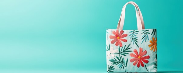 Upcycling Craft for Sustainable Fashion Creations Concept. Colorful floral tote bag on a vibrant turquoise background for summer fashion