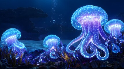 Obraz premium Captivating bioluminescent ecosystem in the deep blue with glowing ctenophores and shimmering cephalopods